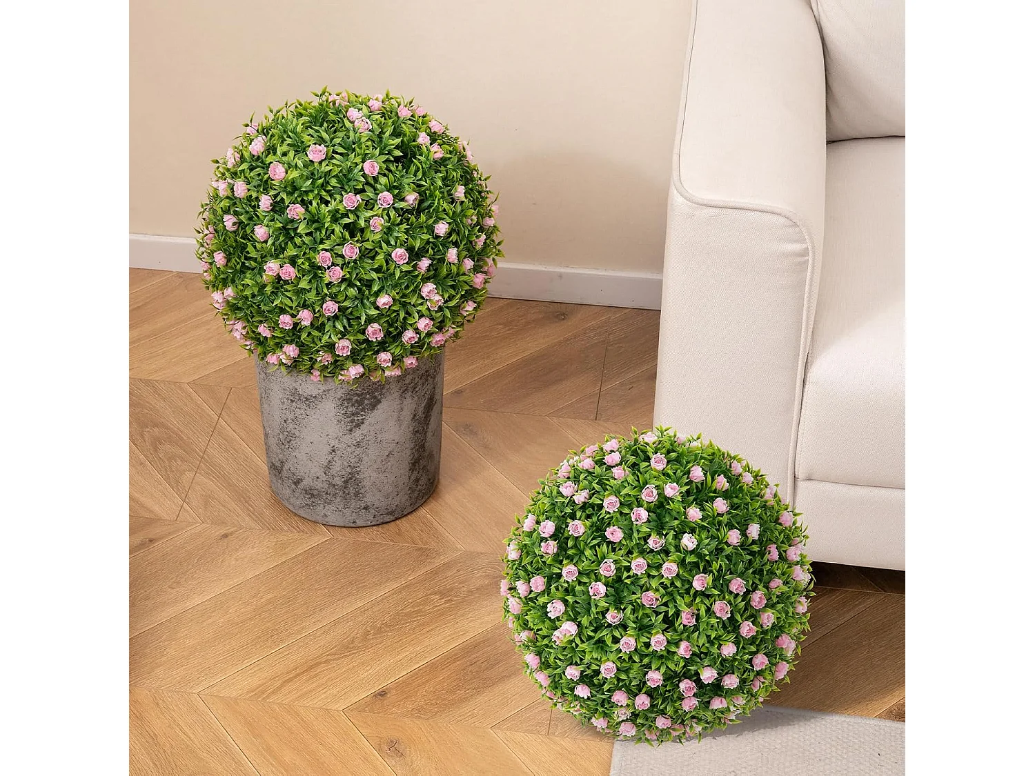 Buxusballen, 2 stuks, 37 cm, uv-bestendig, decoratieve bal met roze bloemen, vormgesneden kunstplant, decoratieve plant, boekbal, kunstplant,balkon, bruiloft