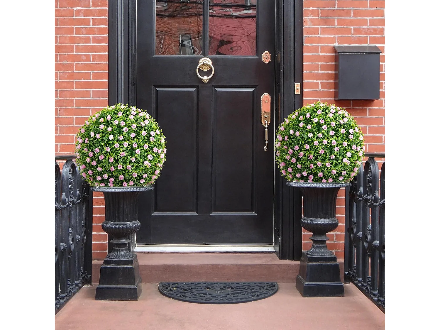 Buxusballen, 2 stuks, 37 cm, uv-bestendig, decoratieve bal met roze bloemen, vormgesneden kunstplant, decoratieve plant, boekbal, kunstplant,balkon, bruiloft