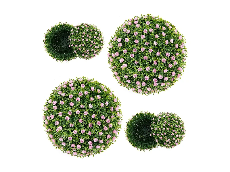 Buxusballen, 2 stuks, 37 cm, uv-bestendig, decoratieve bal met roze bloemen, vormgesneden kunstplant, decoratieve plant, boekbal, kunstplant,balkon, bruiloft