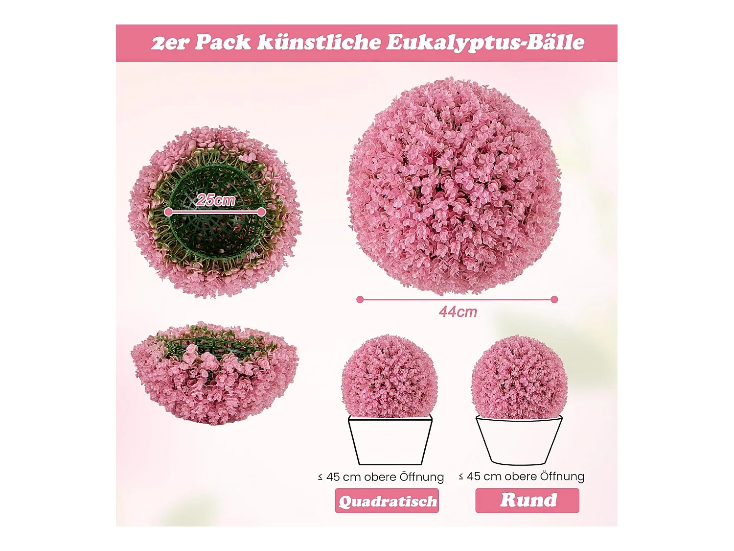 Buxusballen, 2 stuks, 44 cm, kunstplant eucalyptus, buxusbal, grasbal, plantenbal, uv-bestendig,decoratieve plant, boekbal, kunstplant, voor huis，bruiloft, roze