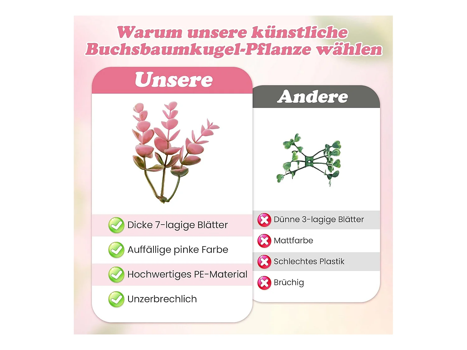 Buxusballen, 2 stuks, 44 cm, kunstplant eucalyptus, buxusbal, grasbal, plantenbal, uv-bestendig,decoratieve plant, boekbal, kunstplant, voor huis，bruiloft, roze