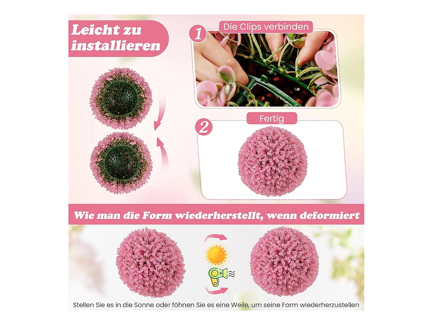 Buxusballen, 2 stuks, 44 cm, kunstplant eucalyptus, buxusbal, grasbal, plantenbal, uv-bestendig,decoratieve plant, boekbal, kunstplant, voor huis，bruiloft, roze