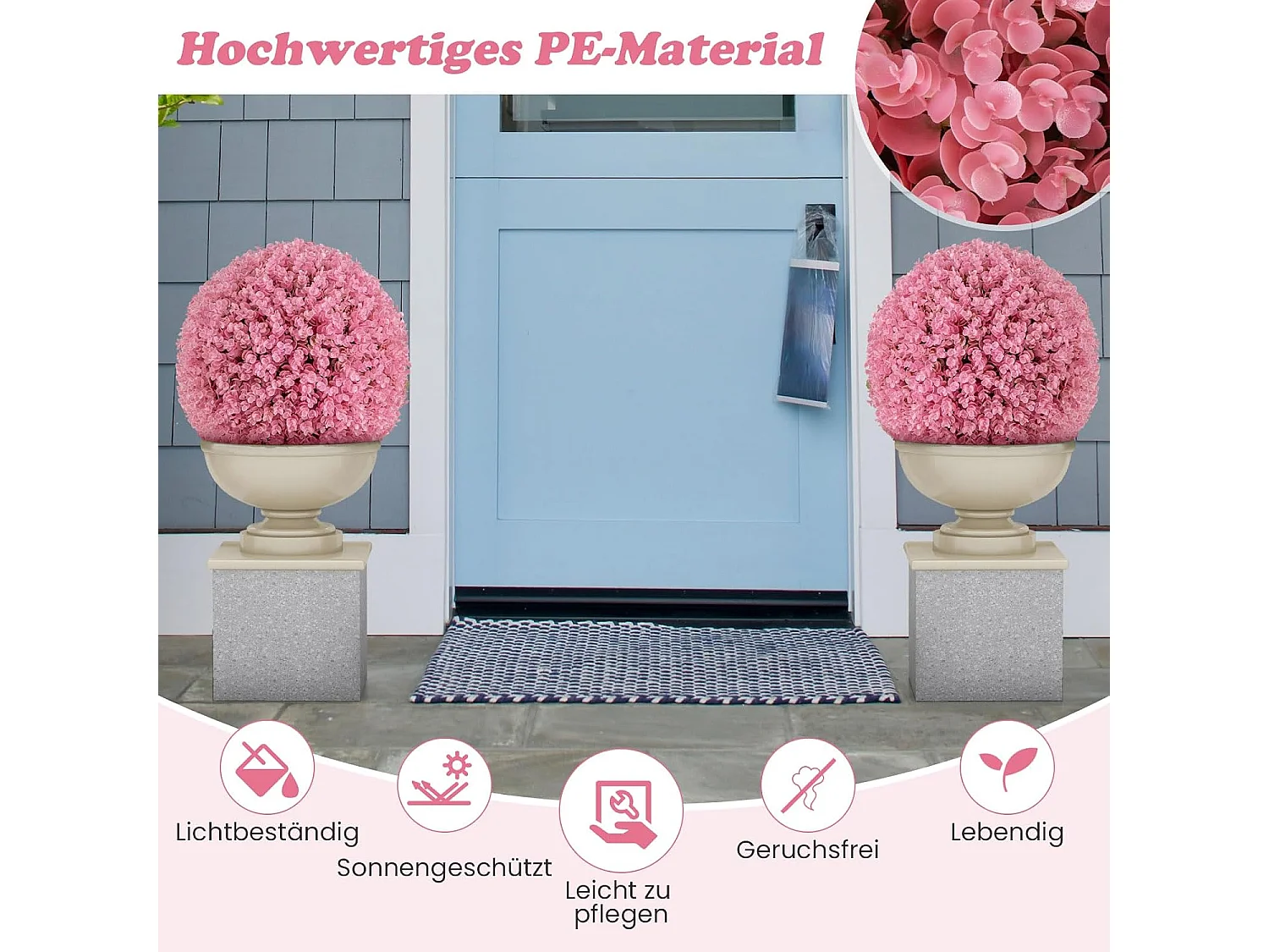 Buxusballen, 2 stuks, 44 cm, kunstplant eucalyptus, buxusbal, grasbal, plantenbal, uv-bestendig,decoratieve plant, boekbal, kunstplant, voor huis，bruiloft, roze