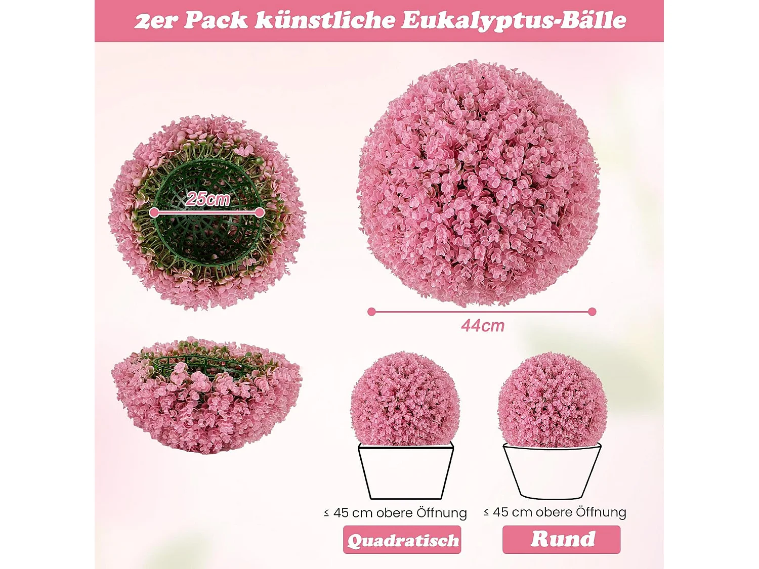 Buxusballen, 2 stuks, 44 cm, kunstplant eucalyptus, buxusbal, grasbal, plantenbal, uv-bestendig,decoratieve plant, boekbal, kunstplant, voor huis，bruiloft, roze