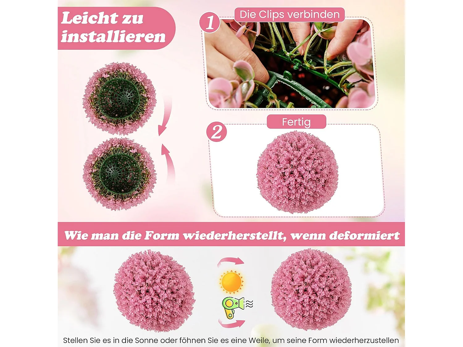 Buxusballen, 2 stuks, 44 cm, kunstplant eucalyptus, buxusbal, grasbal, plantenbal, uv-bestendig,decoratieve plant, boekbal, kunstplant, voor huis，bruiloft, roze