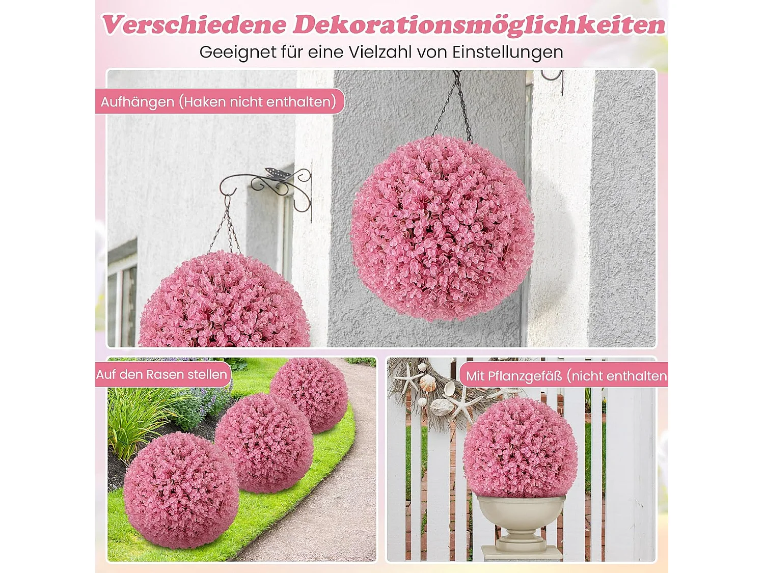 Buxusballen, 2 stuks, 44 cm, kunstplant eucalyptus, buxusbal, grasbal, plantenbal, uv-bestendig,decoratieve plant, boekbal, kunstplant, voor huis，bruiloft, roze