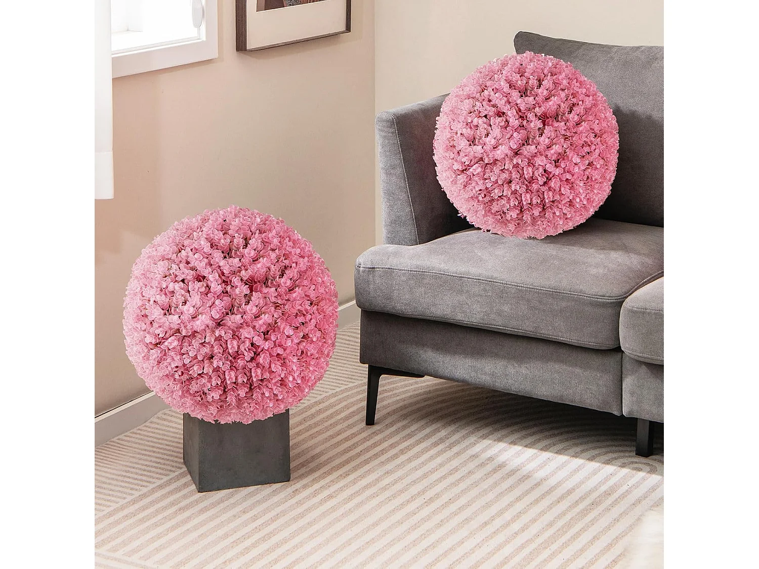 Buxusballen, 2 stuks, 44 cm, kunstplant eucalyptus, buxusbal, grasbal, plantenbal, uv-bestendig,decoratieve plant, boekbal, kunstplant, voor huis，bruiloft, roze