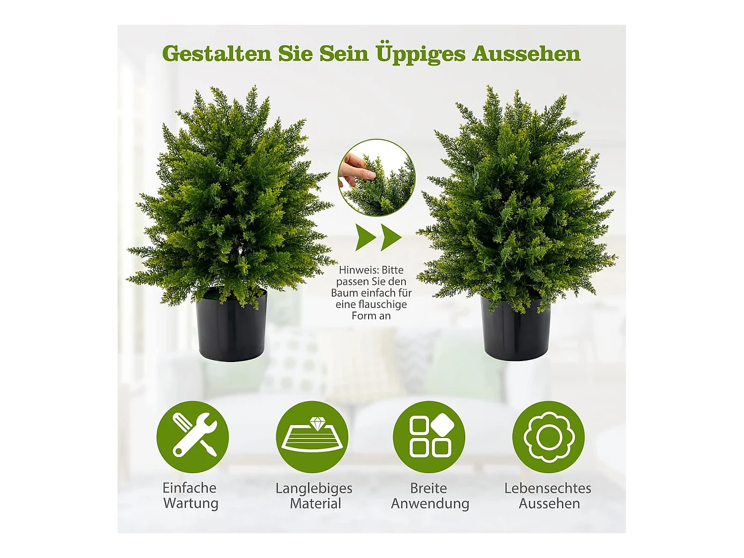 Set van 2 kunstplanten 55 cm, ceder buxusboom, kunstboom met pot, kunstmatige decoratieve plant, groene planten, kamerplant voor thuis en kantoor, groen