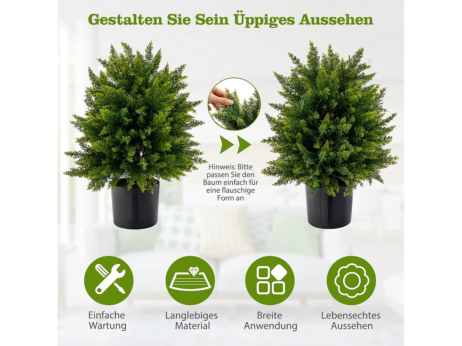 Set van 2 kunstplanten 55 cm, ceder buxusboom, kunstboom met pot, kunstmatige decoratieve plant, groene planten, kamerplant voor thuis en kantoor, groen