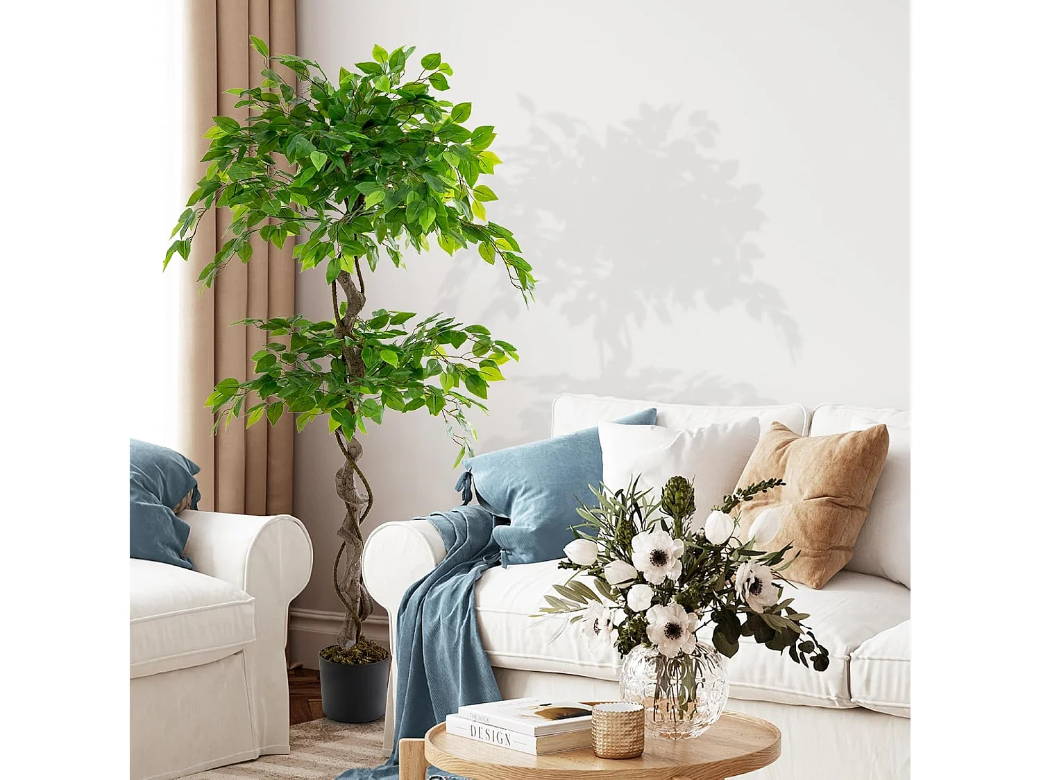 150 cm kunstplant groen, ficus benjamin,decoratieve plant met natuurlijke houten stam en bladeren, kamerplantendecoratie,binnendecoratie, voor thuis, tuin, kantoor