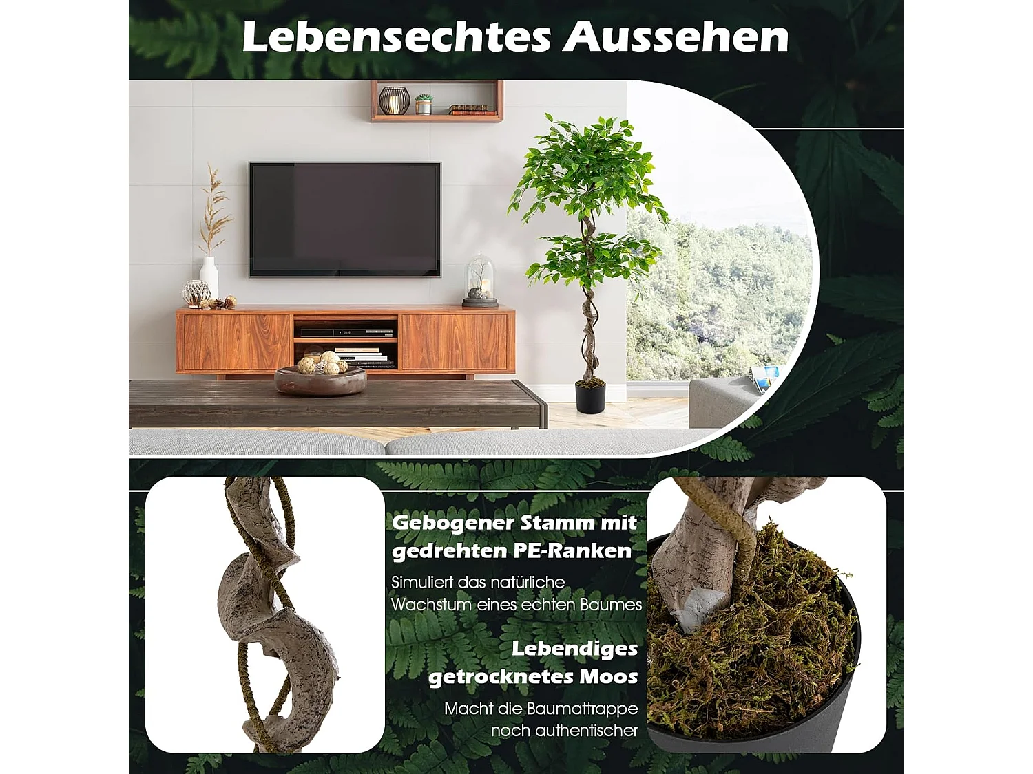 150 cm kunstplant groen, ficus benjamin,decoratieve plant met natuurlijke houten stam en bladeren, kamerplantendecoratie,binnendecoratie, voor thuis, tuin, kantoor