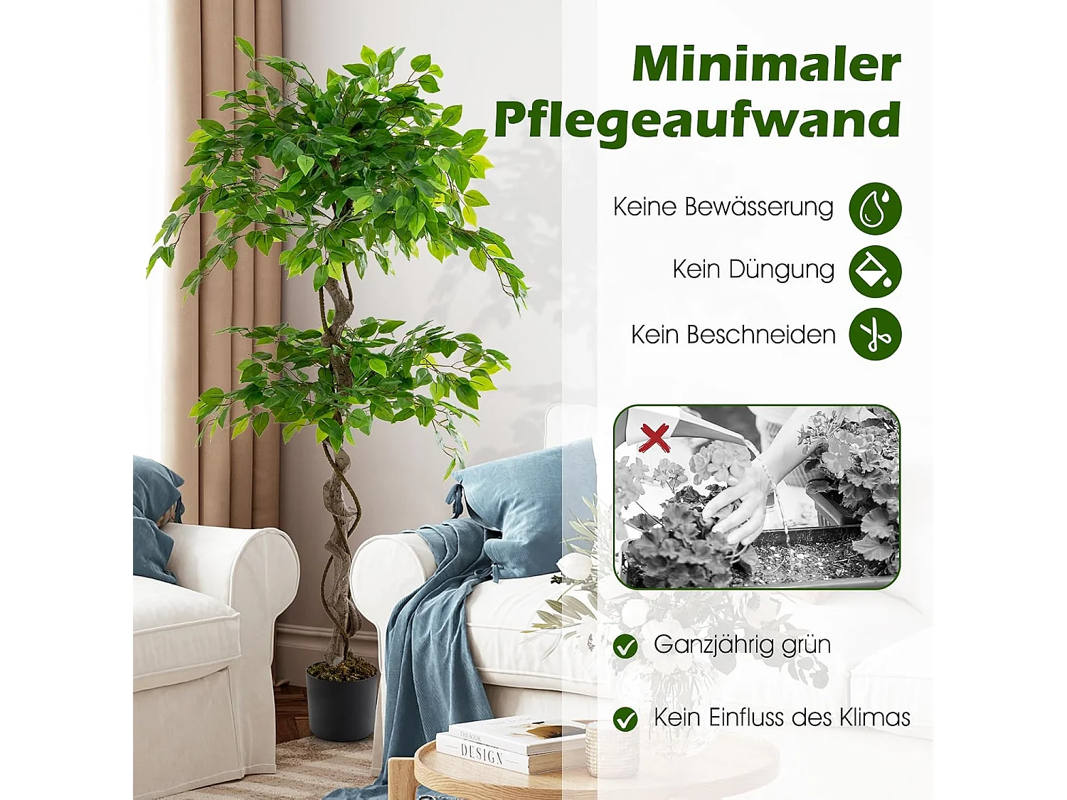 150 cm kunstplant groen, ficus benjamin,decoratieve plant met natuurlijke houten stam en bladeren, kamerplantendecoratie,binnendecoratie, voor thuis, tuin, kantoor