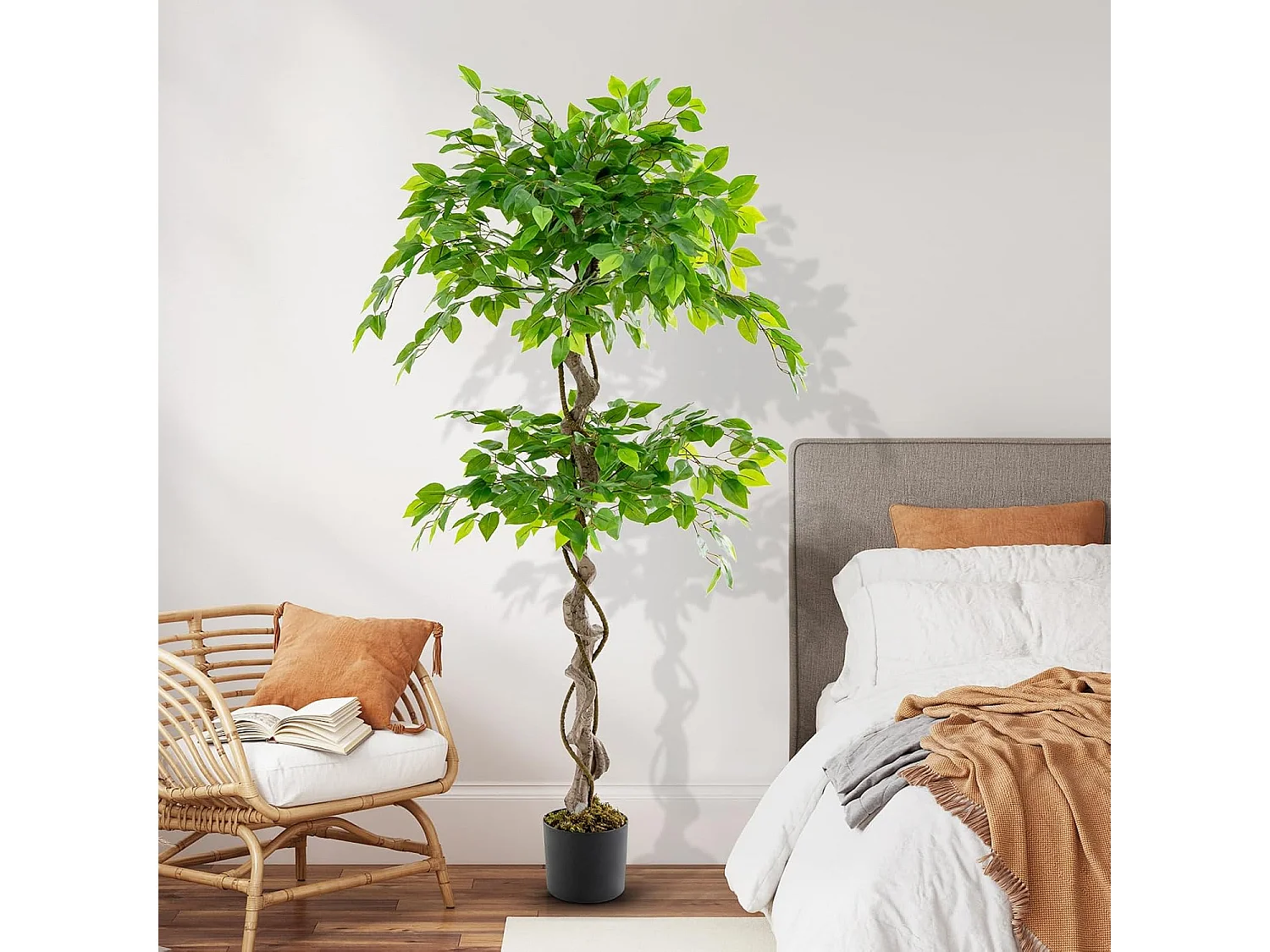 150 cm kunstplant groen, ficus benjamin,decoratieve plant met natuurlijke houten stam en bladeren, kamerplantendecoratie,binnendecoratie, voor thuis, tuin, kantoor