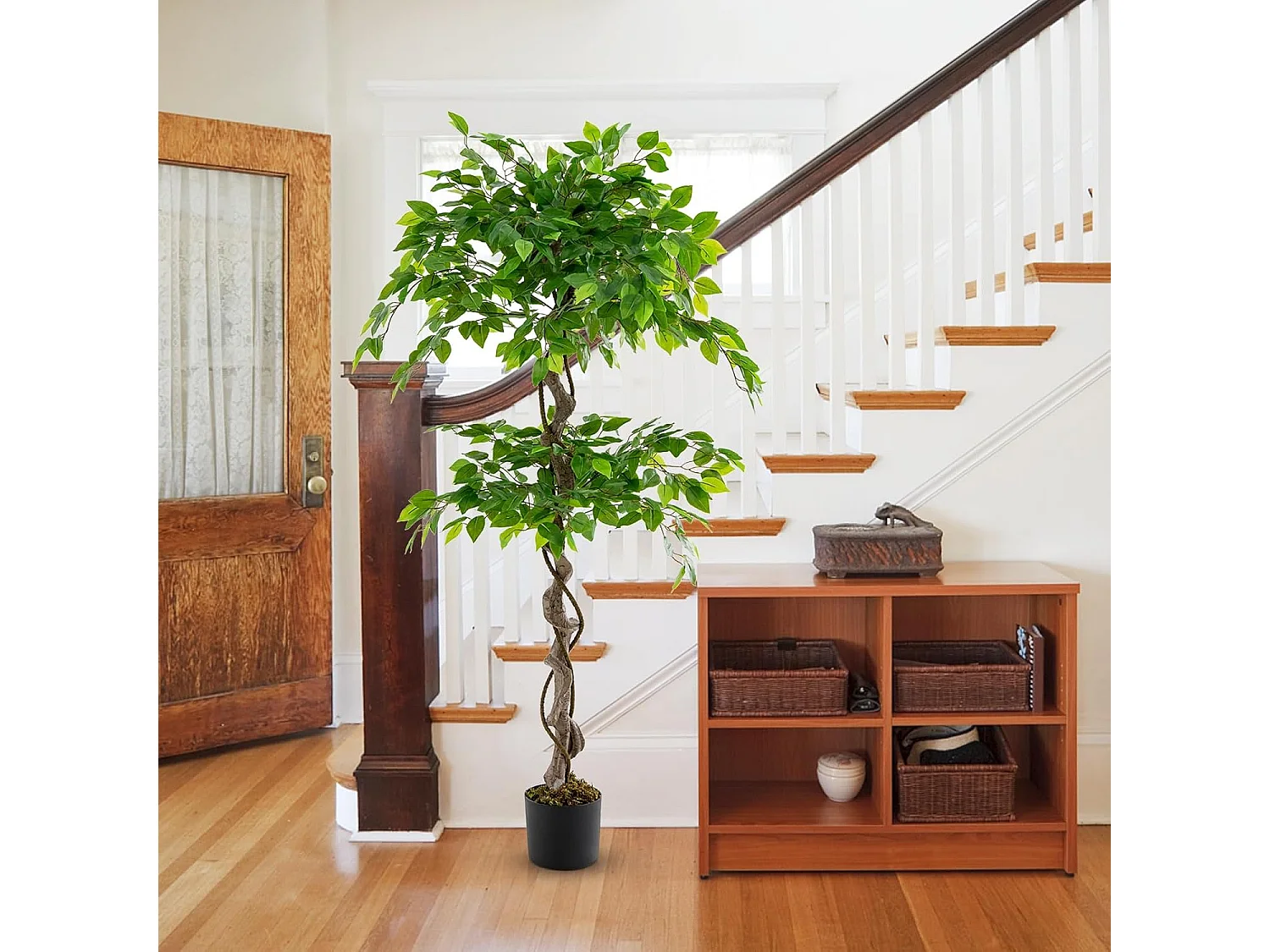 150 cm kunstplant groen, ficus benjamin,decoratieve plant met natuurlijke houten stam en bladeren, kamerplantendecoratie,binnendecoratie, voor thuis, tuin, kantoor