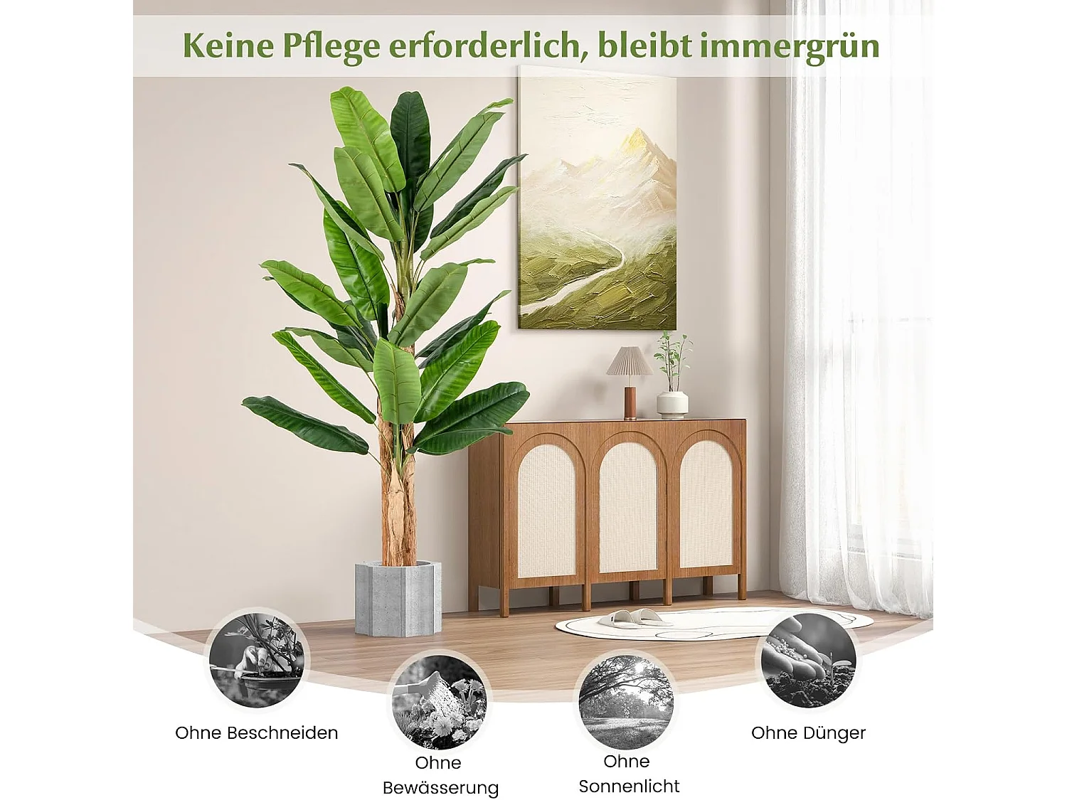 Kunstmatige bananenboom, bananenplant met 27 bladeren en natuurlijke stam, kunstplant in pot, bananenpalm, kunstboom,decoratie,voor thuis, kantoor, groen (195 cm)