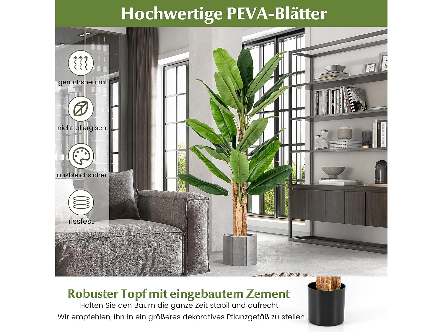 Kunstmatige bananenboom, bananenplant met 27 bladeren en natuurlijke stam, kunstplant in pot, bananenpalm, kunstboom,decoratie,voor thuis, kantoor, groen (195 cm)