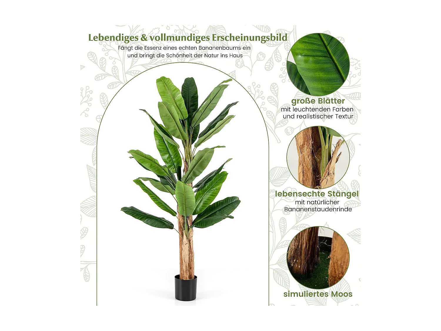 Kunstmatige bananenboom, bananenplant met 27 bladeren en natuurlijke stam, kunstplant in pot, bananenpalm, kunstboom,decoratie,voor thuis, kantoor, groen (195 cm)