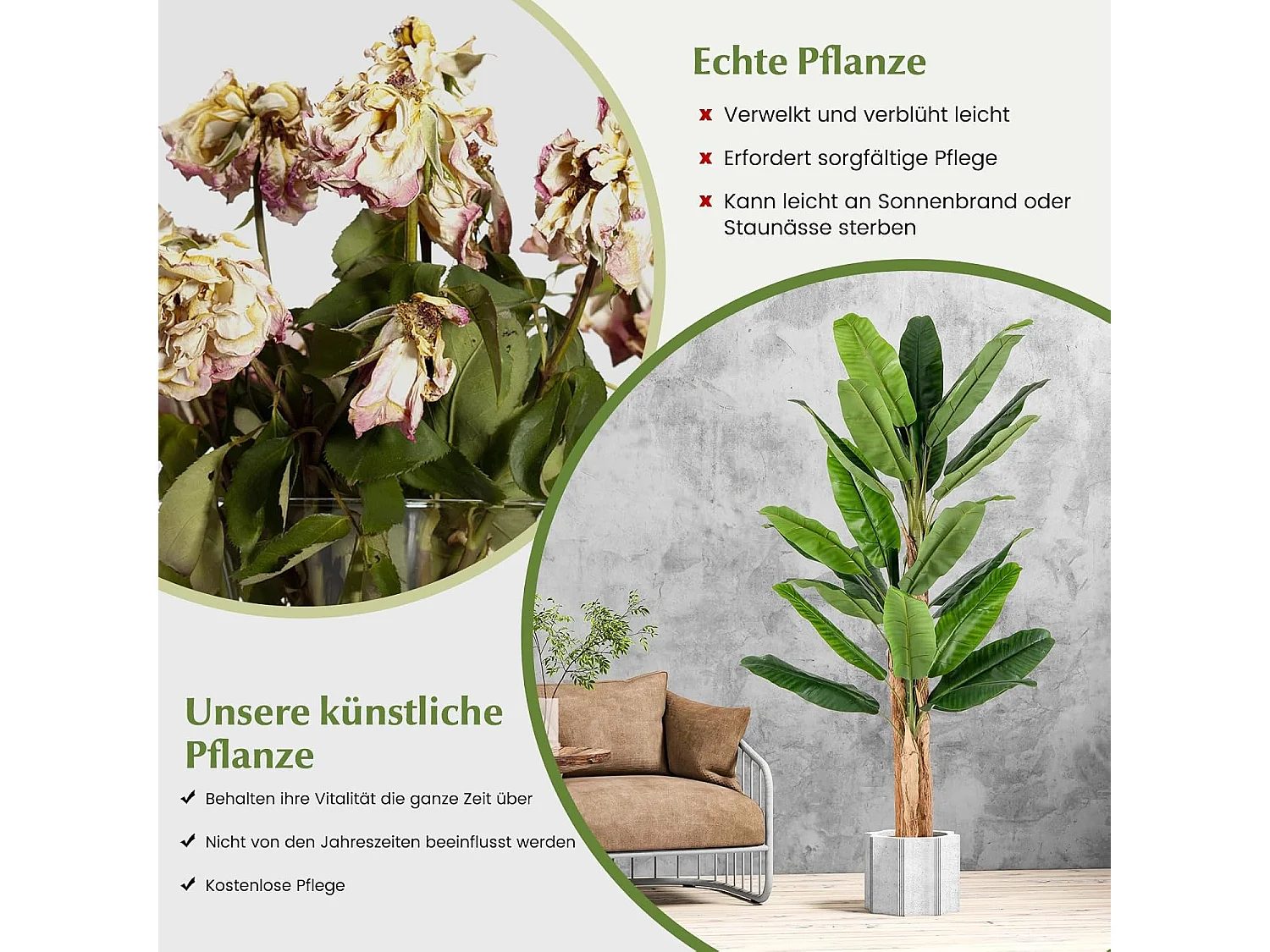 Kunstmatige bananenboom, bananenplant met 27 bladeren en natuurlijke stam, kunstplant in pot, bananenpalm, kunstboom,decoratie,voor thuis, kantoor, groen (195 cm)