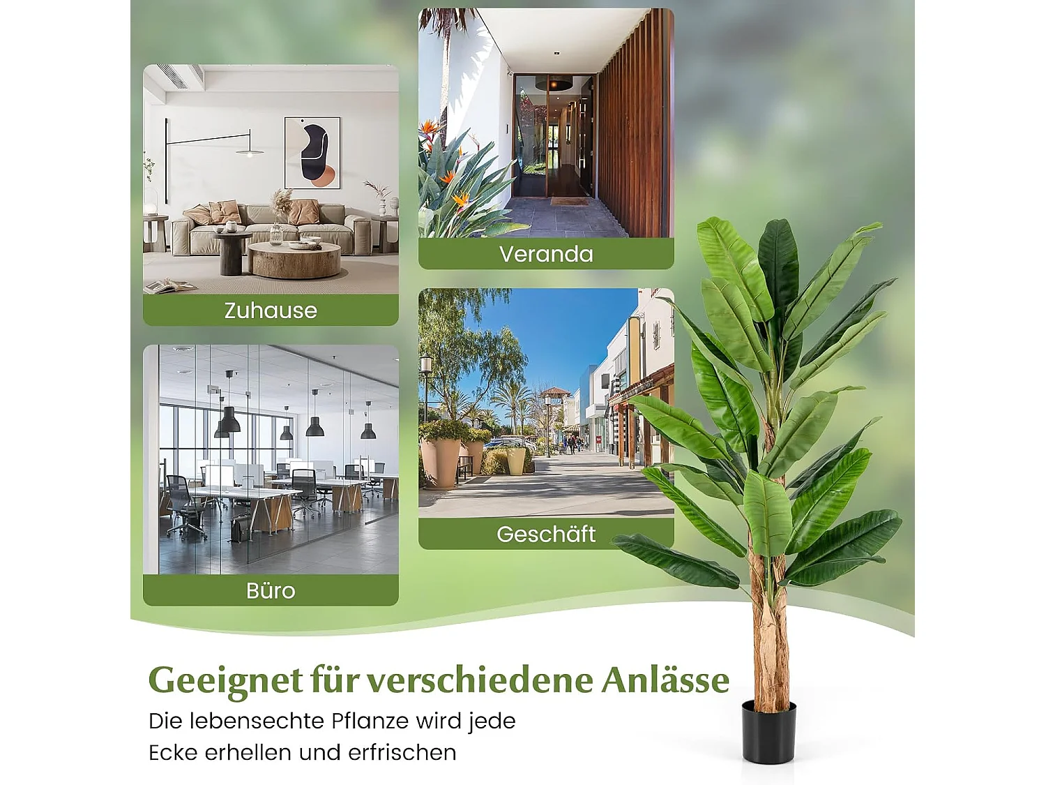 Kunstmatige bananenboom, bananenplant met 27 bladeren en natuurlijke stam, kunstplant in pot, bananenpalm, kunstboom,decoratie,voor thuis, kantoor, groen (195 cm)