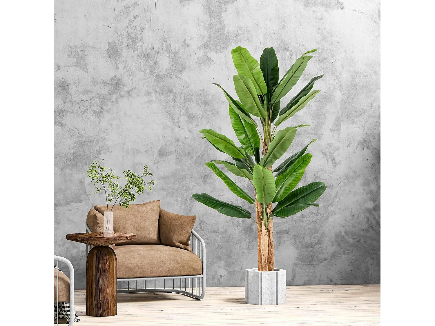 Kunstmatige bananenboom, bananenplant met 27 bladeren en natuurlijke stam, kunstplant in pot, bananenpalm, kunstboom,decoratie,voor thuis, kantoor, groen (195 cm)
