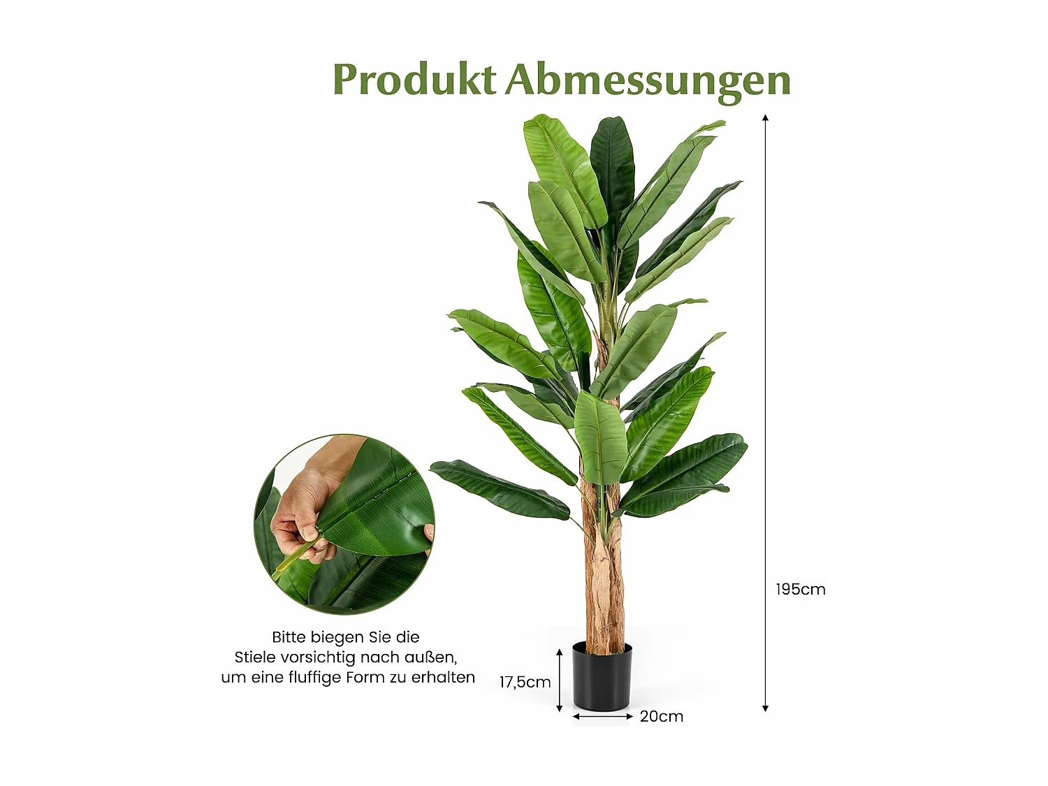 Kunstmatige bananenboom, bananenplant met 27 bladeren en natuurlijke stam, kunstplant in pot, bananenpalm, kunstboom,decoratie,voor thuis, kantoor, groen (195 cm)