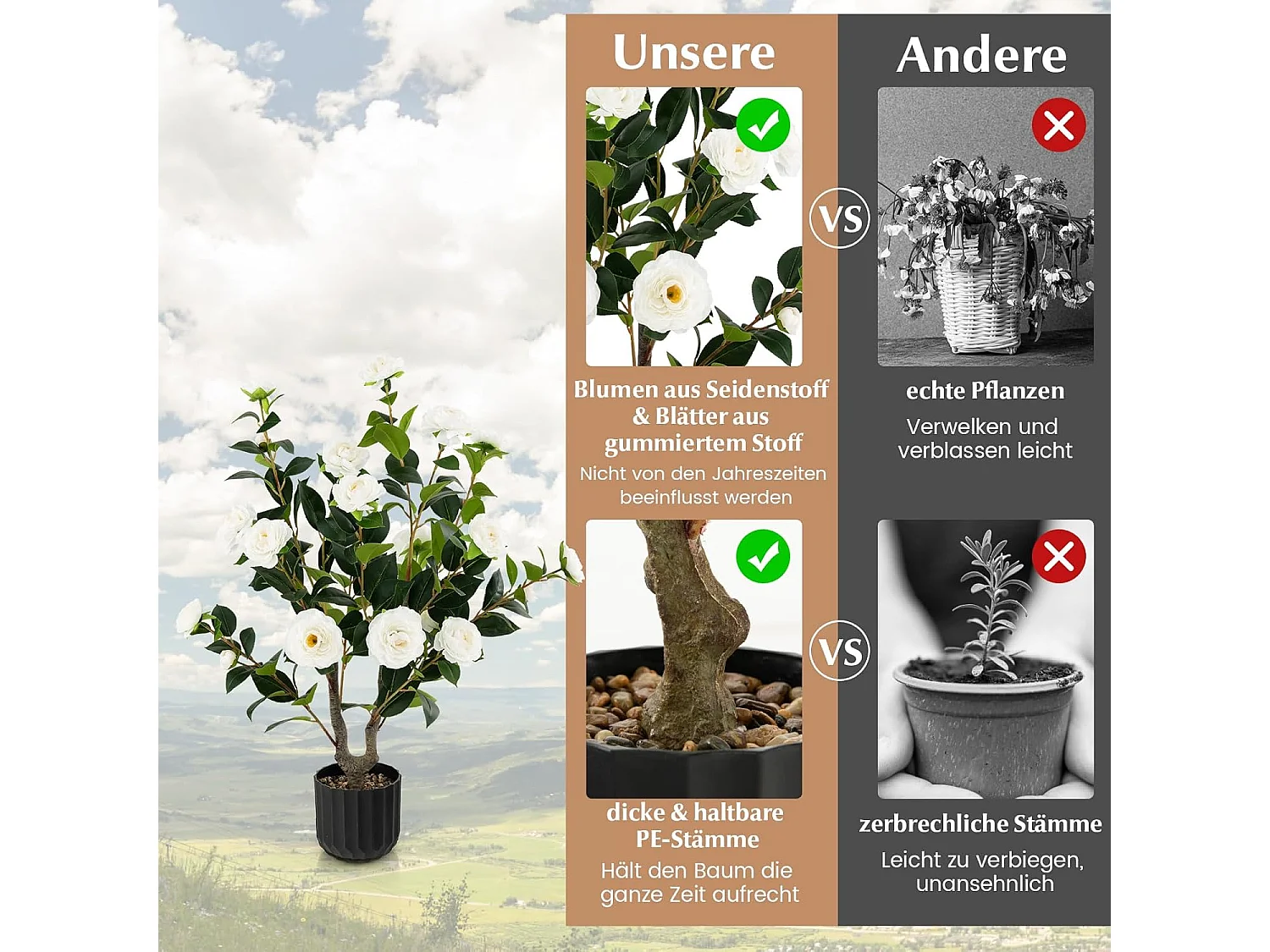 Set van 2 kunstboom met bloemen 95 cm,kunstmatige cameliaboom,kunstplant in pot,cameliaplant met 24 bloemen en natuurlijke stam,kamerplant,decoratieve plantTL32300