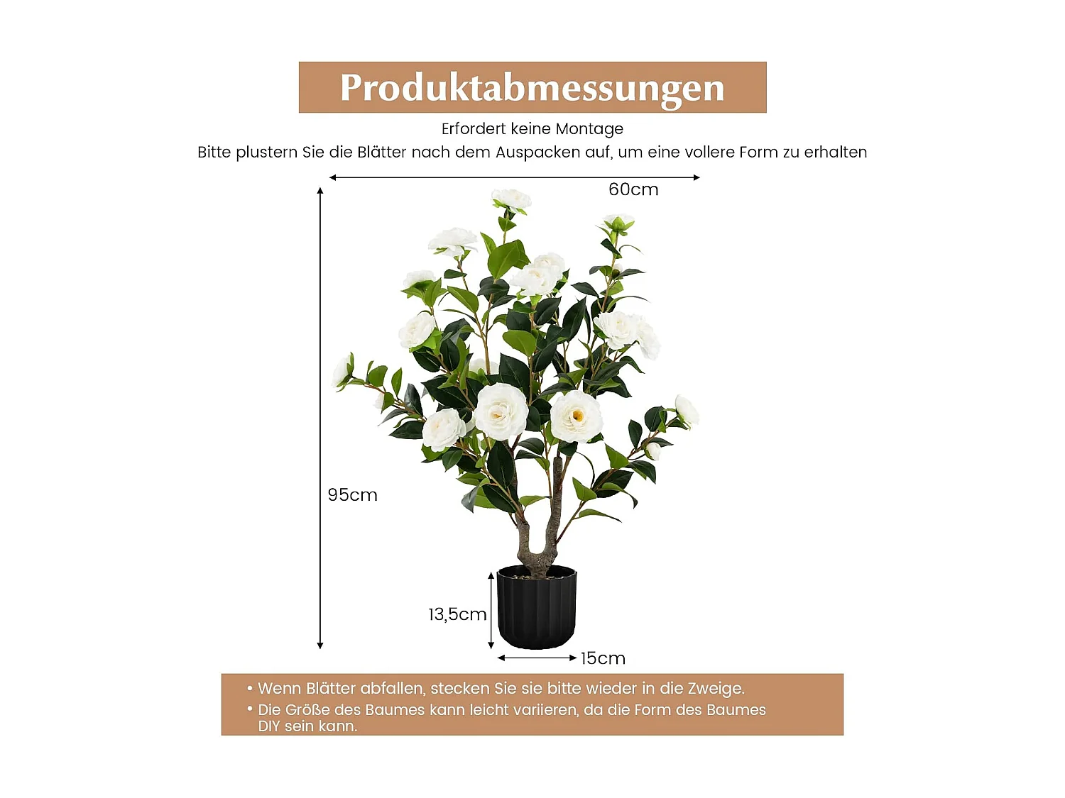 Set van 2 kunstboom met bloemen 95 cm,kunstmatige cameliaboom,kunstplant in pot,cameliaplant met 24 bloemen en natuurlijke stam,kamerplant,decoratieve plantTL32300