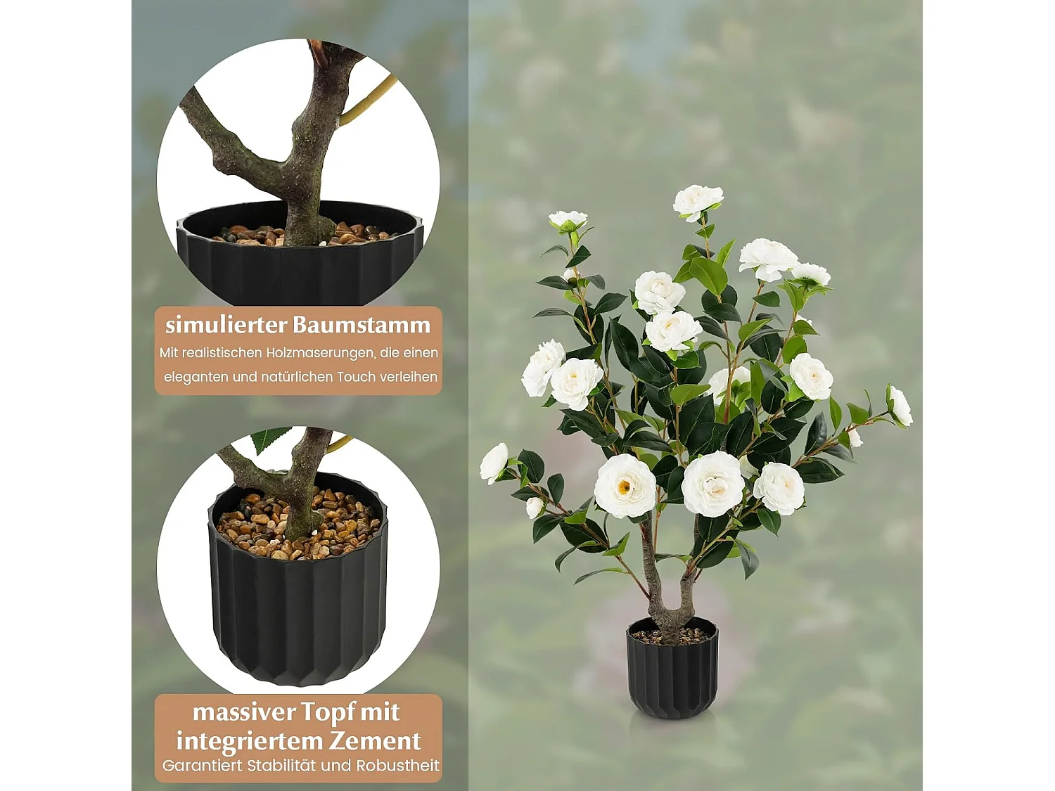 Set van 2 kunstboom met bloemen 95 cm,kunstmatige cameliaboom,kunstplant in pot,cameliaplant met 24 bloemen en natuurlijke stam,kamerplant,decoratieve plantTL32300