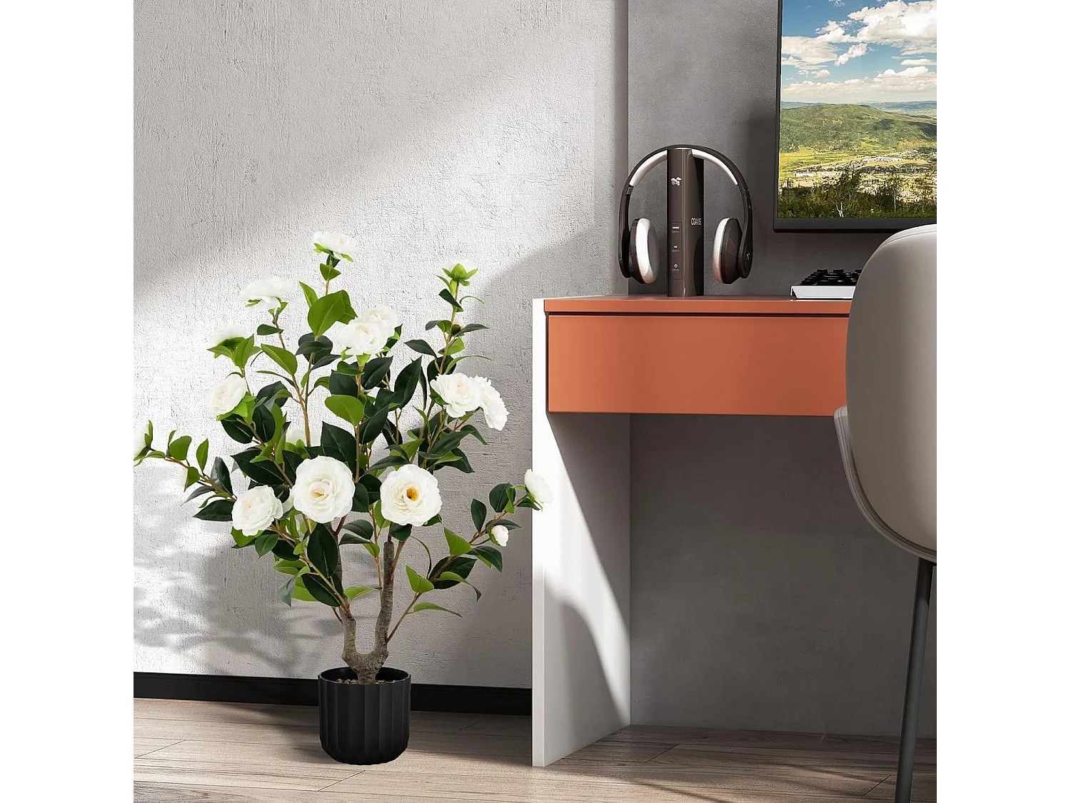 Set van 2 kunstboom met bloemen 95 cm,kunstmatige cameliaboom,kunstplant in pot,cameliaplant met 24 bloemen en natuurlijke stam,kamerplant,decoratieve plantTL32300