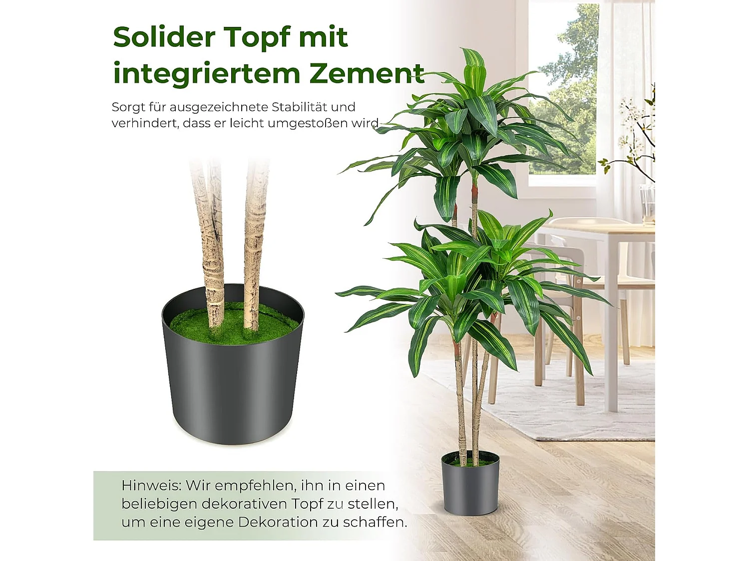 140 cm kunstplant, Dracena, kamerplant met pot en 92 bladeren, plant, groene drakenboom, kunstpalm, kunstboom, palm, voor tuin, kantoor, kamerdecoratie
