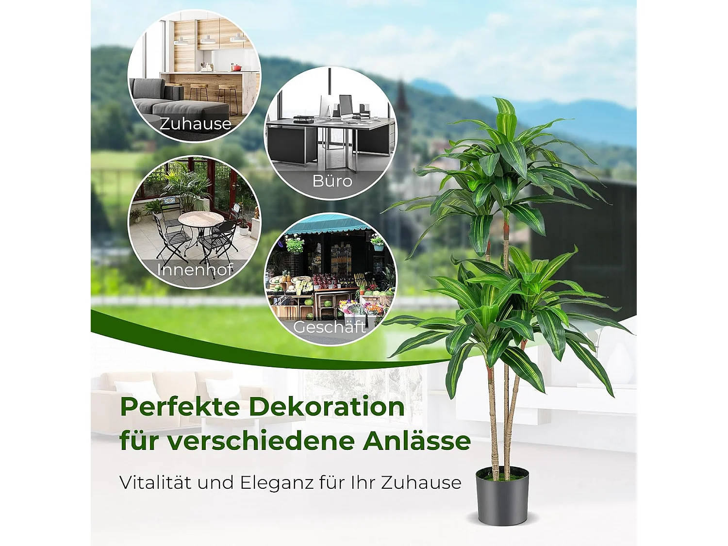 140 cm kunstplant, Dracena, kamerplant met pot en 92 bladeren, plant, groene drakenboom, kunstpalm, kunstboom, palm, voor tuin, kantoor, kamerdecoratie