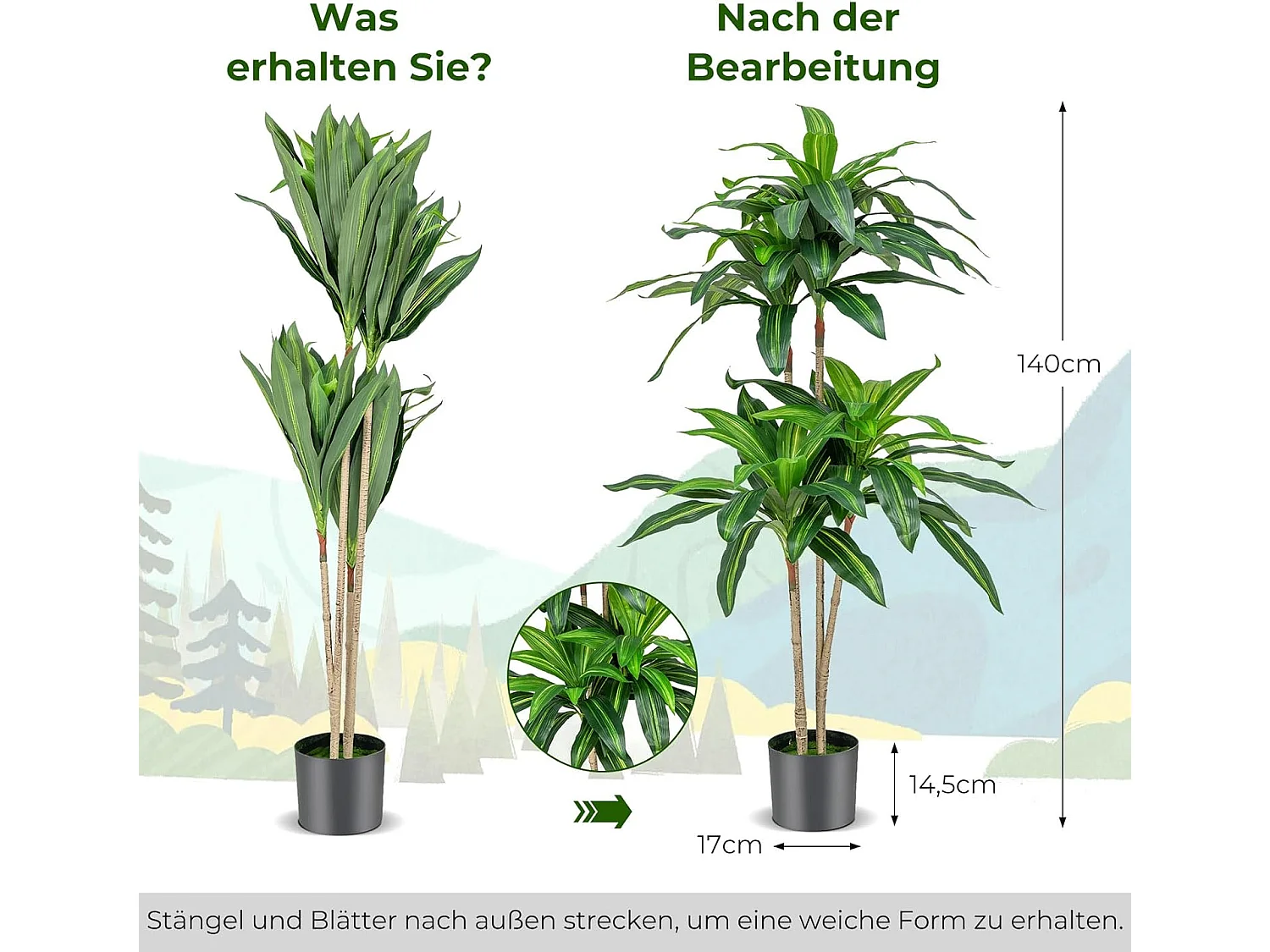 140 cm kunstplant, Dracena, kamerplant met pot en 92 bladeren, plant, groene drakenboom, kunstpalm, kunstboom, palm, voor tuin, kantoor, kamerdecoratie