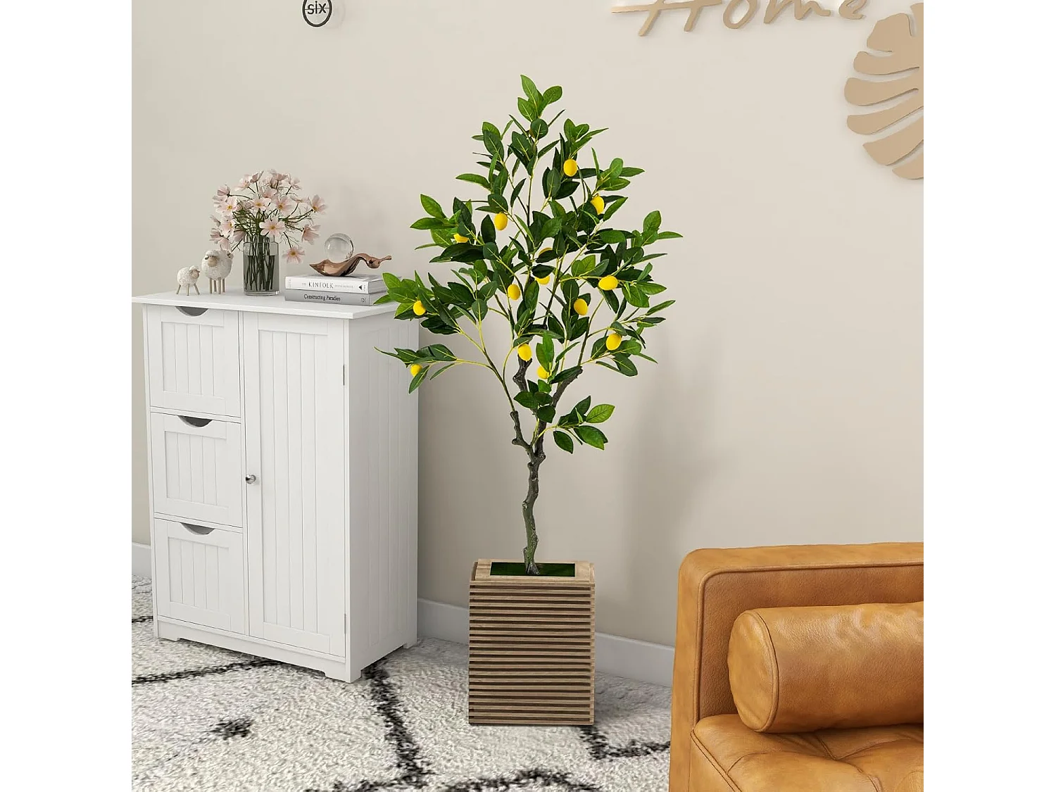 Kunstmatige citroenboom, limonenboom met pot en 18 citroenen, kunstplant met vruchten, citrusplant, potplant, kamerplant,kantoor, decoratie, groen + geel (120 cm)