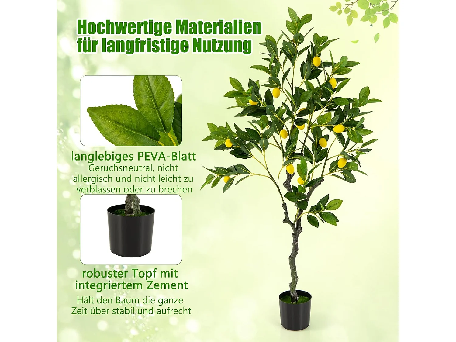 Kunstmatige citroenboom, limonenboom met pot en 18 citroenen, kunstplant met vruchten, citrusplant, potplant, kamerplant,kantoor, decoratie, groen + geel (120 cm)