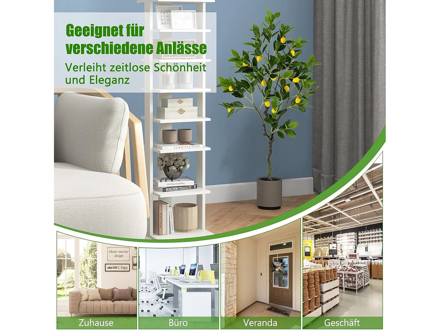 Kunstmatige citroenboom, limonenboom met pot en 18 citroenen, kunstplant met vruchten, citrusplant, potplant, kamerplant,kantoor, decoratie, groen + geel (120 cm)