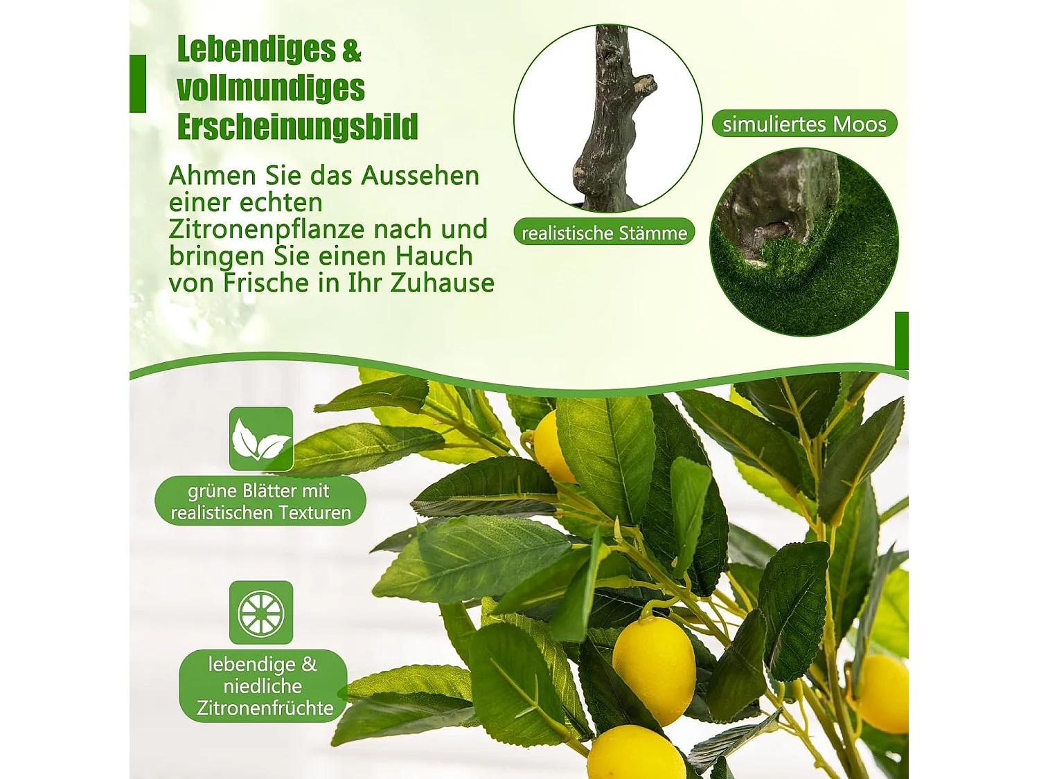 Kunstmatige citroenboom, limonenboom met pot en 18 citroenen, kunstplant met vruchten, citrusplant, potplant, kamerplant,kantoor, decoratie, groen + geel (120 cm)