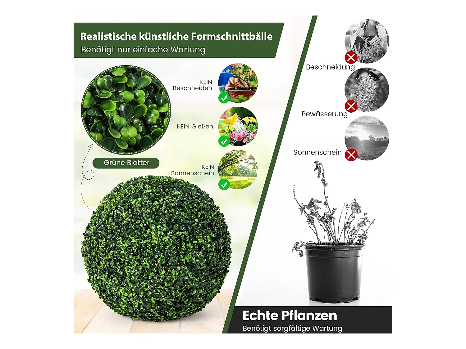 Buxusballen, 2 stuks, 48 cm, buxusbal, uv-bestendig,vormsnoeren, kunstplant, decoratieve plant, boekbal, kunstplant, decoratieve bolplanten voor huis,(donkergroen)