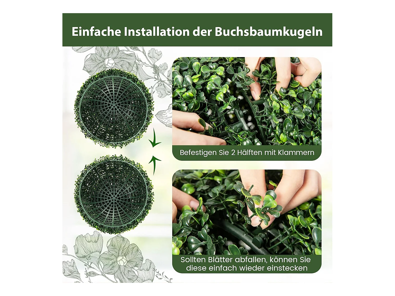 Buxusballen, 2 stuks, 48 cm, buxusbal, uv-bestendig,vormsnoeren, kunstplant, decoratieve plant, boekbal, kunstplant, decoratieve bolplanten voor huis,(donkergroen)