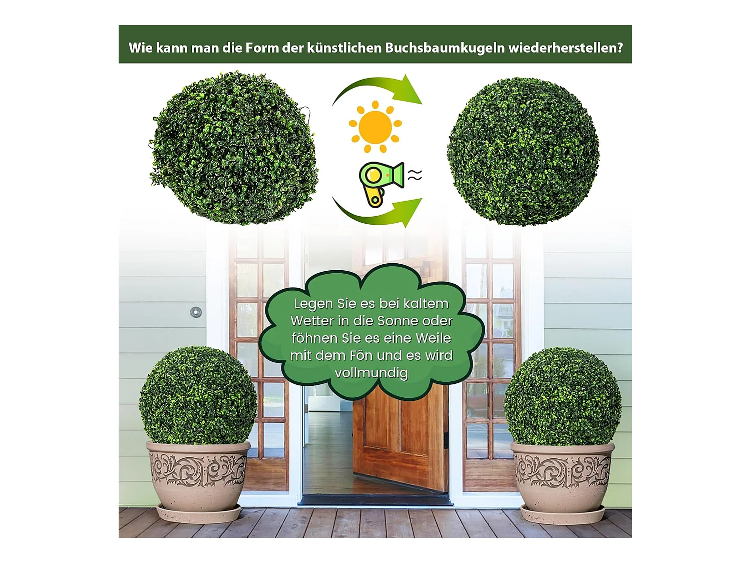 Buxusballen, 2 stuks, 48 cm, buxusbal, uv-bestendig,vormsnoeren, kunstplant, decoratieve plant, boekbal, kunstplant, decoratieve bolplanten voor huis,(donkergroen)