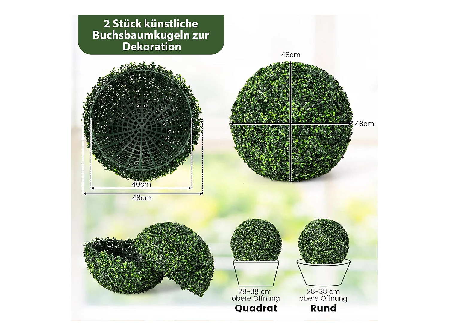 Buxusballen, 2 stuks, 48 cm, buxusbal, uv-bestendig,vormsnoeren, kunstplant, decoratieve plant, boekbal, kunstplant, decoratieve bolplanten voor huis,(donkergroen)