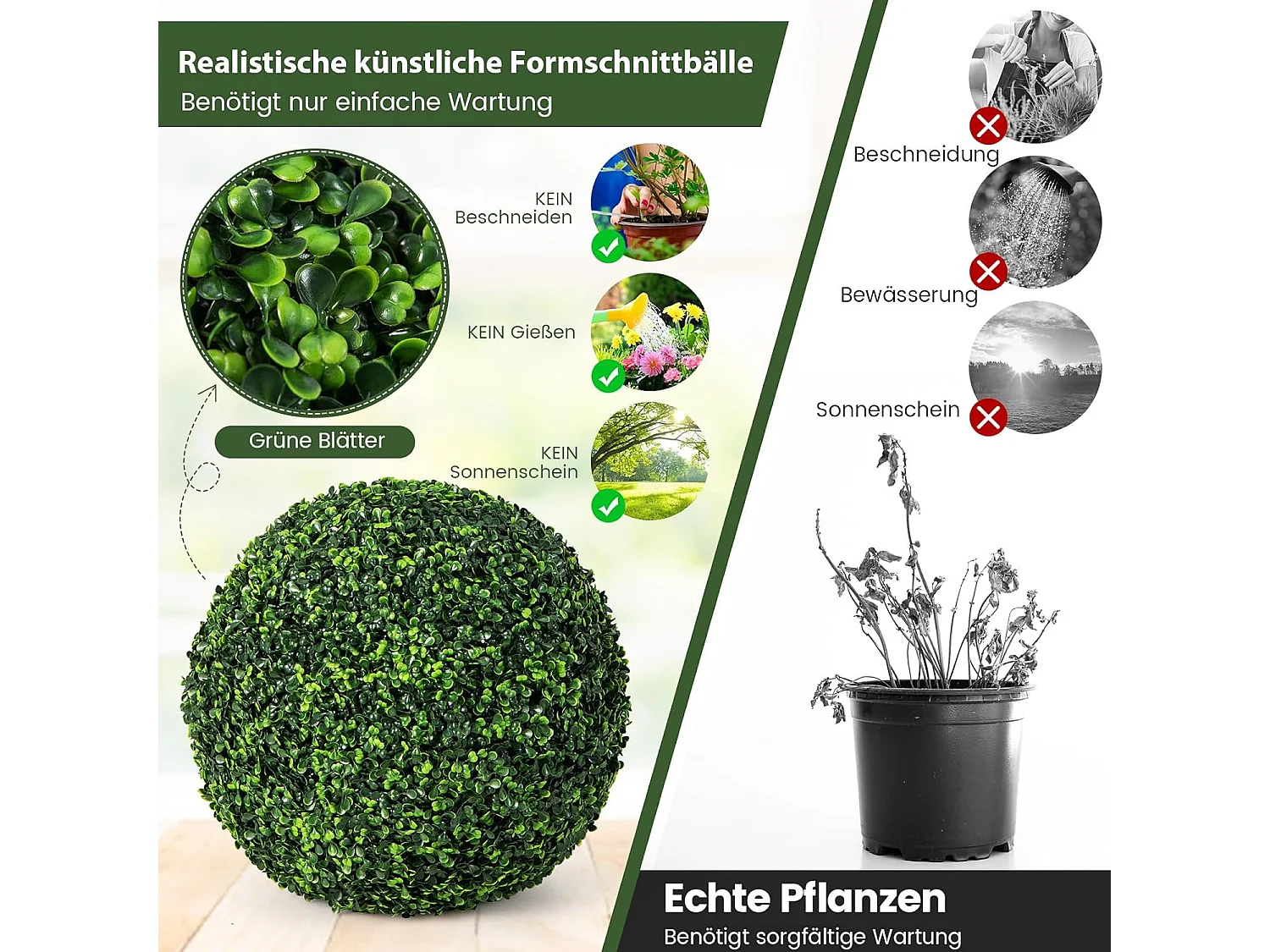 Buxusballen, 2 stuks, 48 cm, buxusbal, uv-bestendig,vormsnoeren, kunstplant, decoratieve plant, boekbal, kunstplant, decoratieve bolplanten voor huis,(donkergroen)