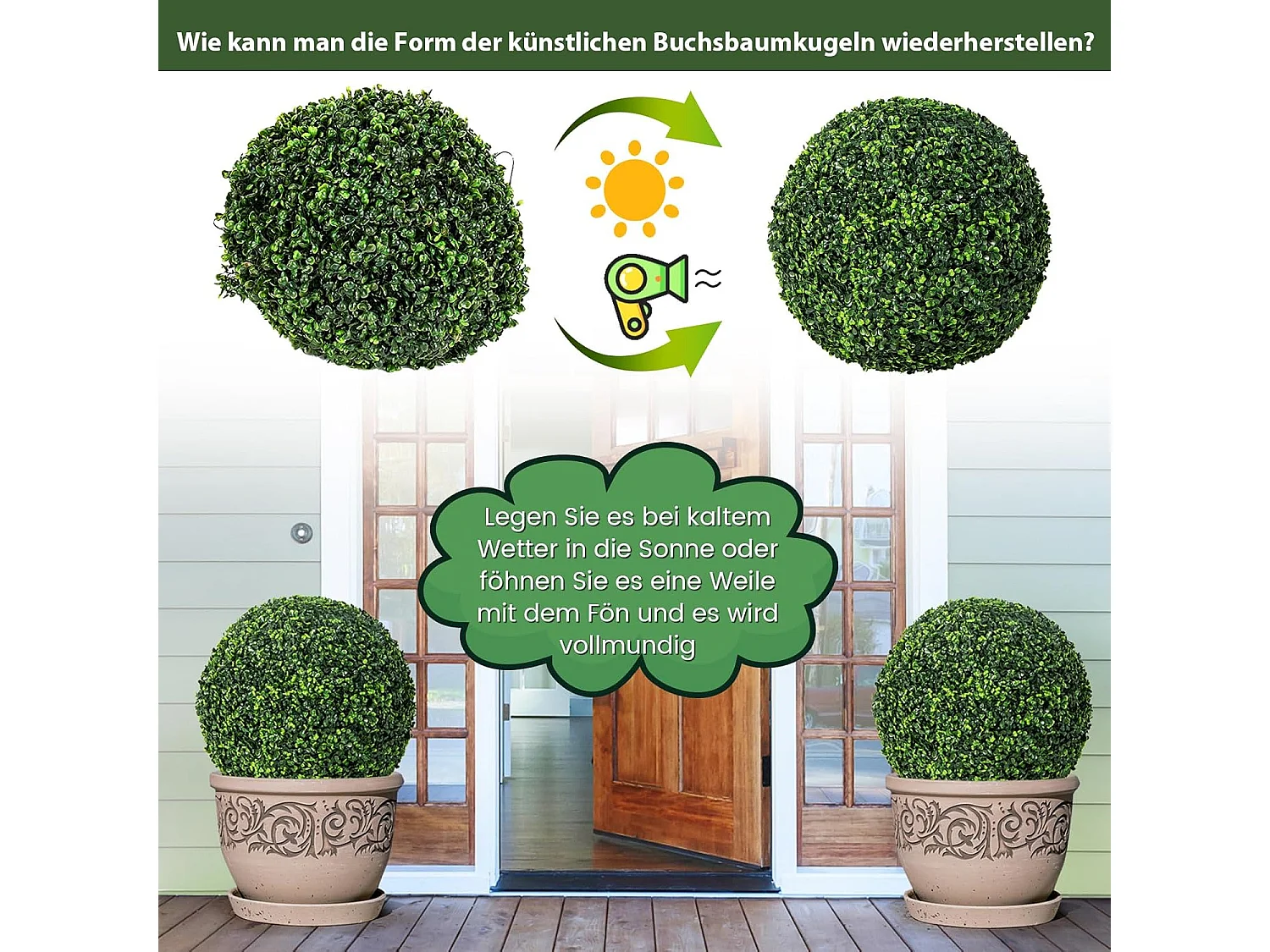 Buxusballen, 2 stuks, 48 cm, buxusbal, uv-bestendig,vormsnoeren, kunstplant, decoratieve plant, boekbal, kunstplant, decoratieve bolplanten voor huis,(donkergroen)