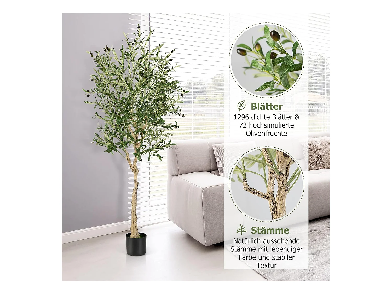 Set van 2 kunstplanten, kunstolijfboom, 182 cm, kamerplant met cementpot en natuurlijke bladeren en 72 vruchten, kunstboom voor tuin, kantoor,kunstplanten, groen