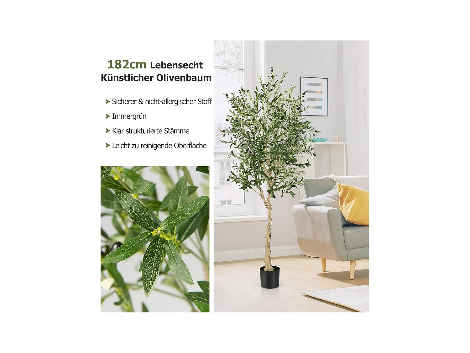 Set van 2 kunstplanten, kunstolijfboom, 182 cm, kamerplant met cementpot en natuurlijke bladeren en 72 vruchten, kunstboom voor tuin, kantoor,kunstplanten, groen