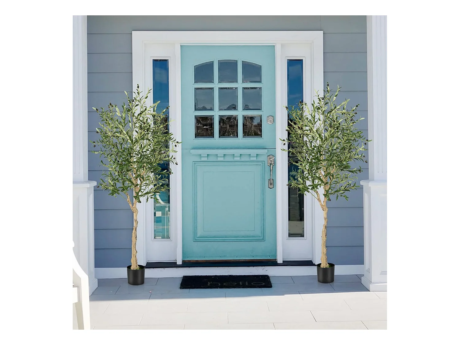 Set van 2 kunstplanten, kunstolijfboom, 182 cm, kamerplant met cementpot en natuurlijke bladeren en 72 vruchten, kunstboom voor tuin, kantoor,kunstplanten, groen