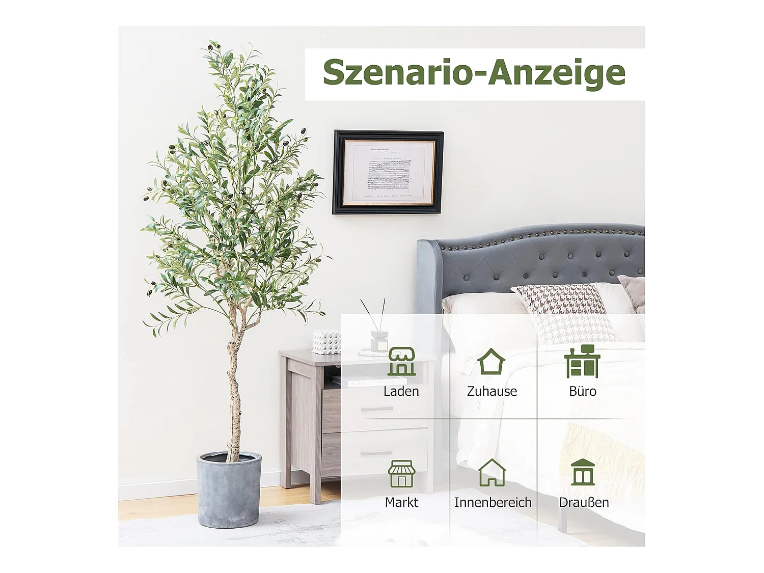 Set van 2 kunstplanten, kunstolijfboom, 182 cm, kamerplant met cementpot en natuurlijke bladeren en 72 vruchten, kunstboom voor tuin, kantoor,kunstplanten, groen