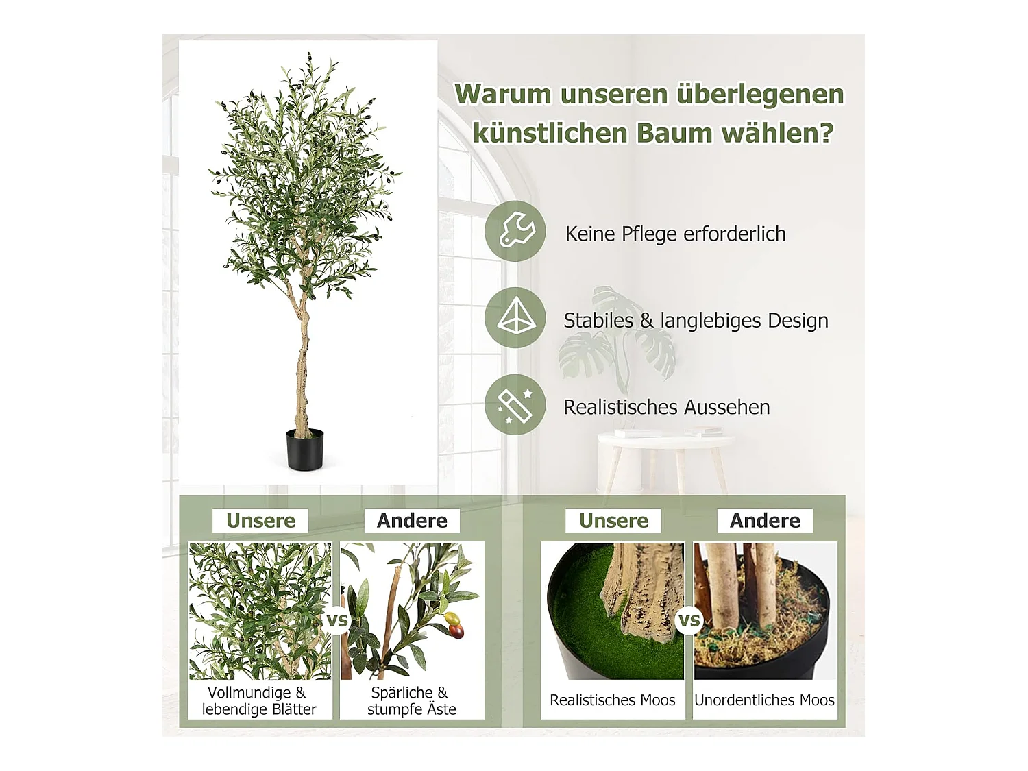 Set van 2 kunstplanten, kunstolijfboom, 182 cm, kamerplant met cementpot en natuurlijke bladeren en 72 vruchten, kunstboom voor tuin, kantoor,kunstplanten, groen