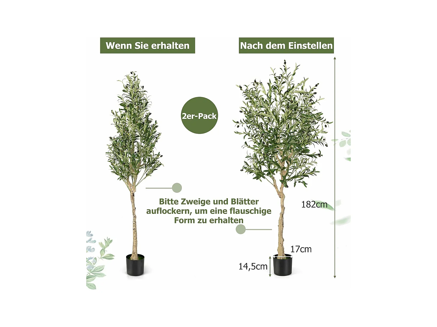 Set van 2 kunstplanten, kunstolijfboom, 182 cm, kamerplant met cementpot en natuurlijke bladeren en 72 vruchten, kunstboom voor tuin, kantoor,kunstplanten, groen