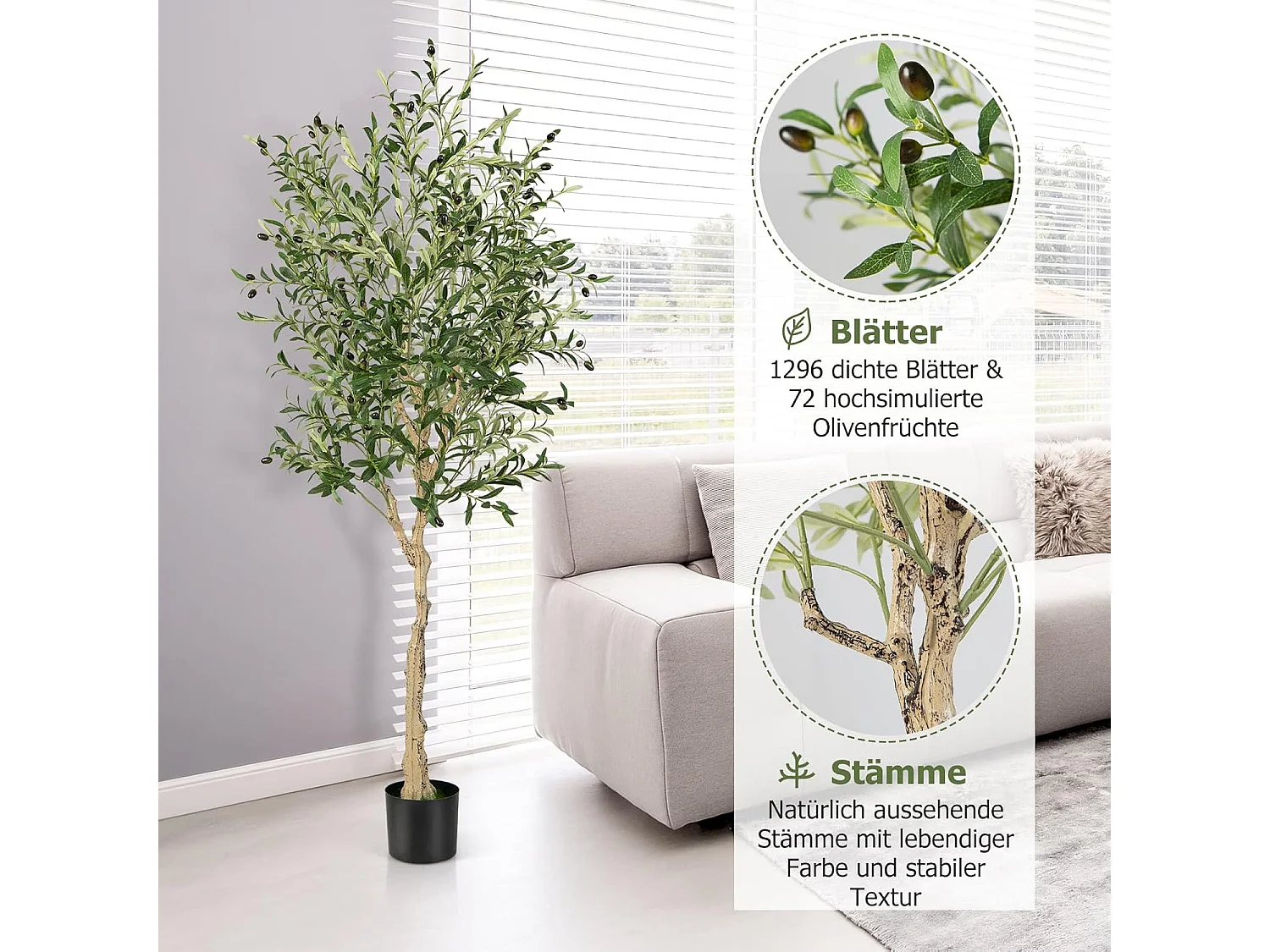 Set van 2 kunstplanten, kunstolijfboom, 182 cm, kamerplant met cementpot en natuurlijke bladeren en 72 vruchten, kunstboom voor tuin, kantoor,kunstplanten, groen