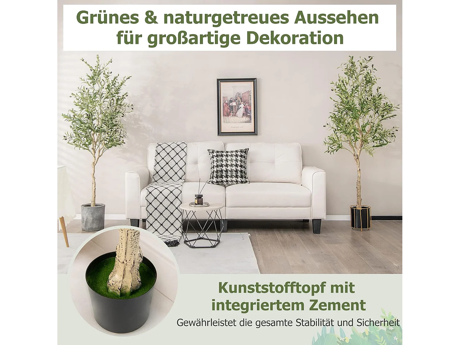 Set van 2 kunstplanten, kunstolijfboom, 182 cm, kamerplant met cementpot en natuurlijke bladeren en 72 vruchten, kunstboom voor tuin, kantoor,kunstplanten, groen
